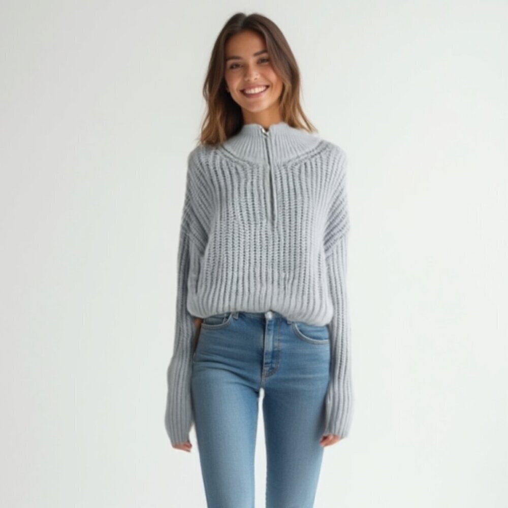 Garage Cozy Oversized Gray Cable Knit Zip Mock Neck Sweater - NWT